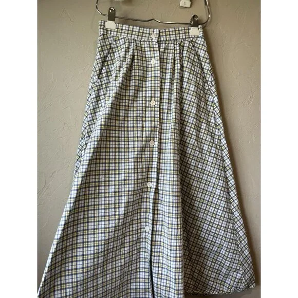 Vintage A Line Full Skirt Plaid Button Down Pockets Preppy 90s Maxi Modi - Picture 3 of 9